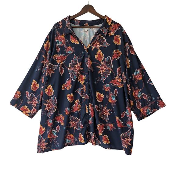 Catherines Womens Navy Orange Fall Leaves‎ Print Button-Down Shirt Plus Size 4X - Picture 1 of 9